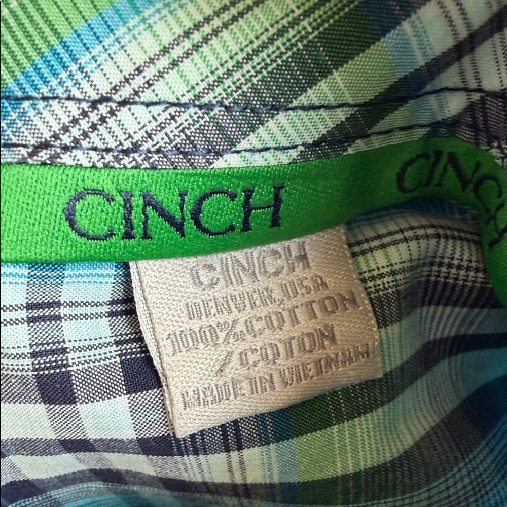Cinch Blue Green Plaid Short Sleeve Button Down Shirt L Western - Picture 4 of 11